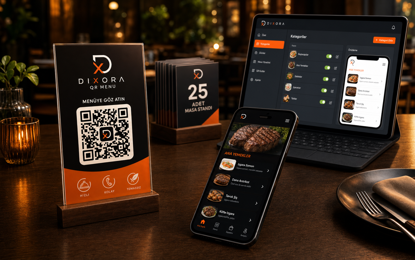 Dixora Tech QR menü masa standı ve dijital menü yönetim paneli